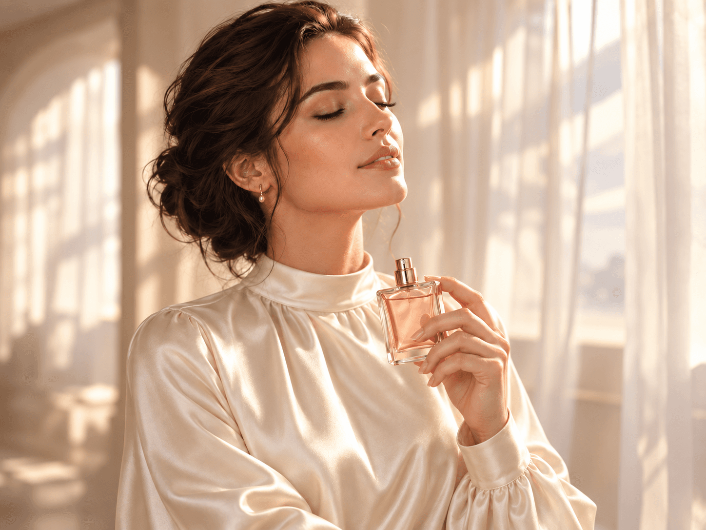 A woman holding a blush perfume bottle in soft champagne sunlight